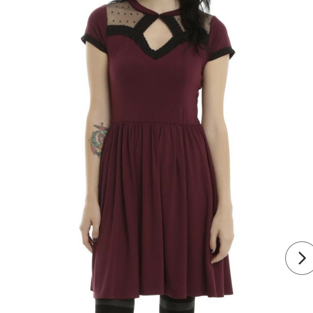 Hot Topic Swiss Burgundy Dot Mesh Keyhole Skater Dress
